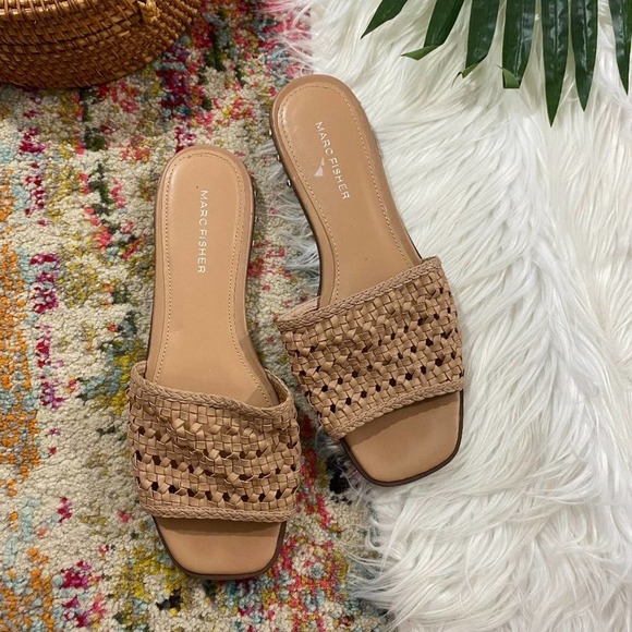 Marc Fisher Shoes - Marc Fisher Neutral Brown Woven Leather Studded Slip On Slides Sandals Size 7.5